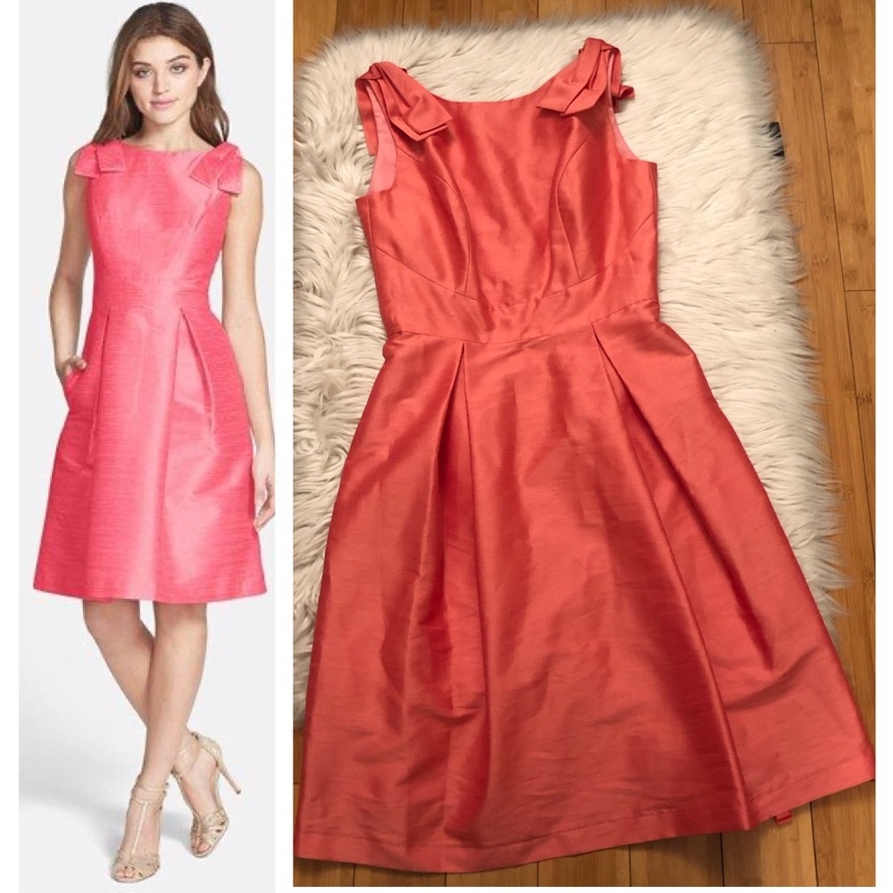 Alfred Sung Bateau Neck Bow Shoulder Dupioni Pink Orange Cocktail Dress size 6 - Picture 1 of 14